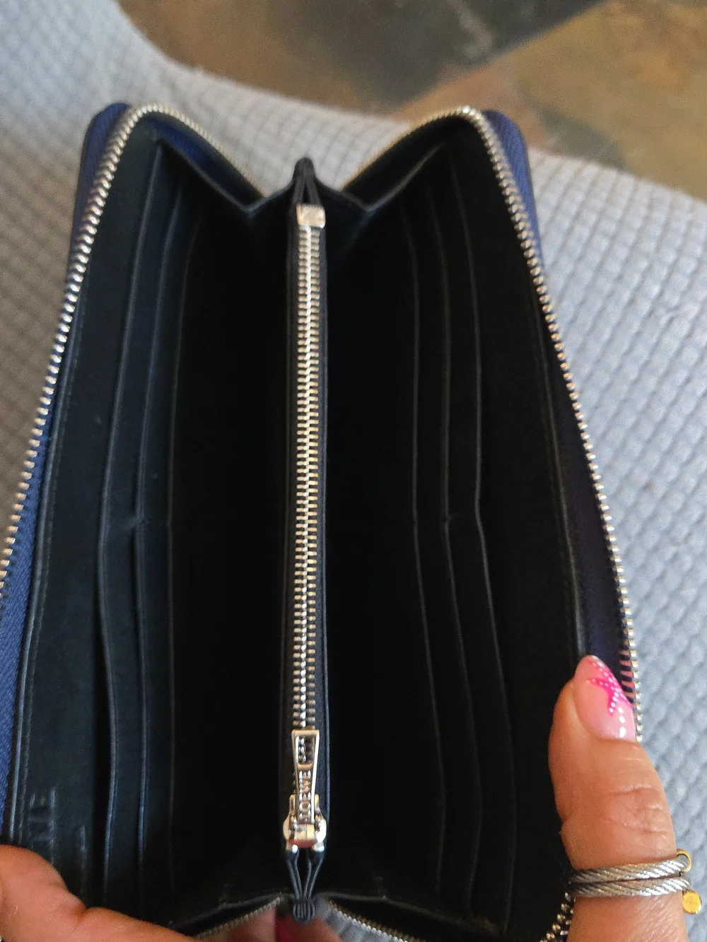 Loewe Navy Pebbled Leather Zip Wallet with Cream Star Accents